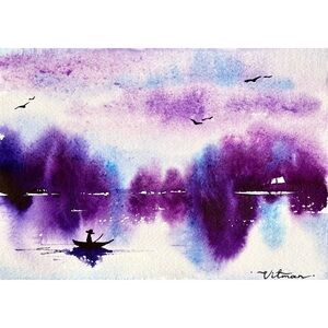 🌌 Phantom Shore – Mystical Purple Watercolor Painting, Dreamy Lake Art 💜